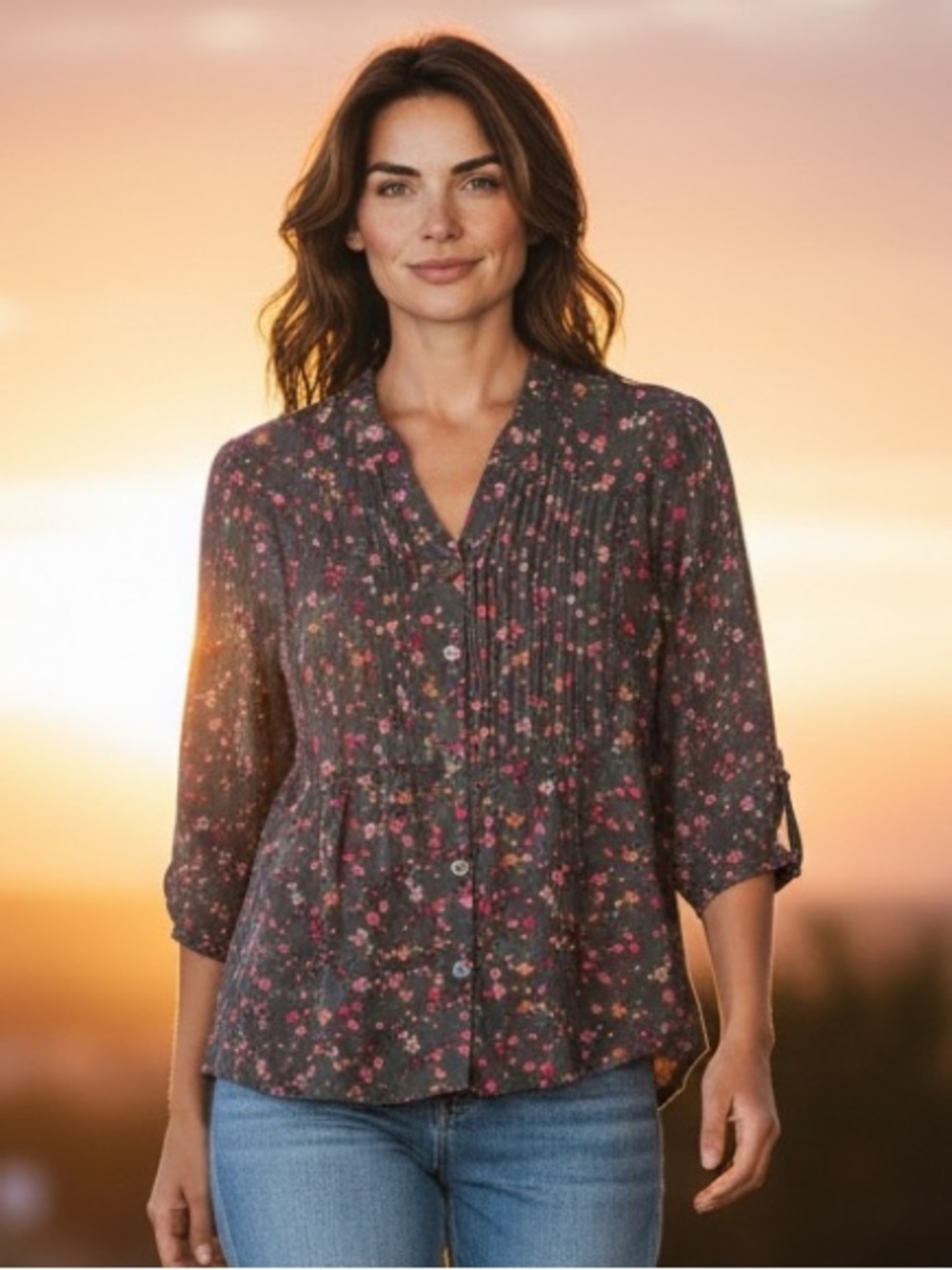 Matilda Jane S Floral Shirt Pintuck V-Neck Button Front Tunic Top Brown Pink
